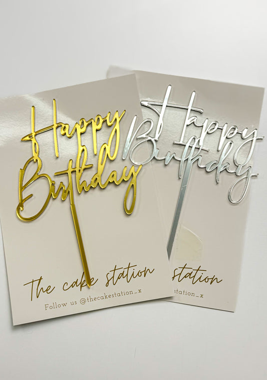 Silver “Happy Birthday” Acrylic Cake Topper – by The Cake Station