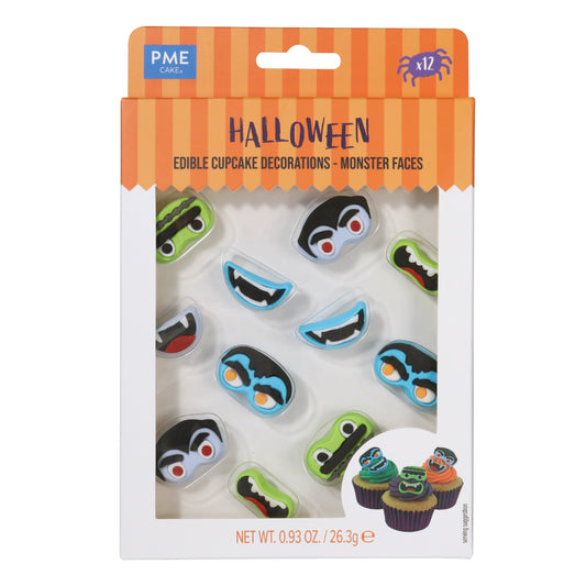 PME HALLOWEEN EDIBLE SUGAR DECORATIONS - MONSTER FACES (SET OF 12)