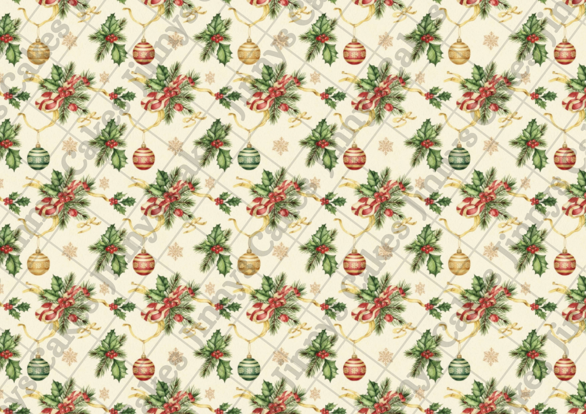 Vintage Holly And Baubles Downloadable Cake Wrap  (watermark removed on download)
