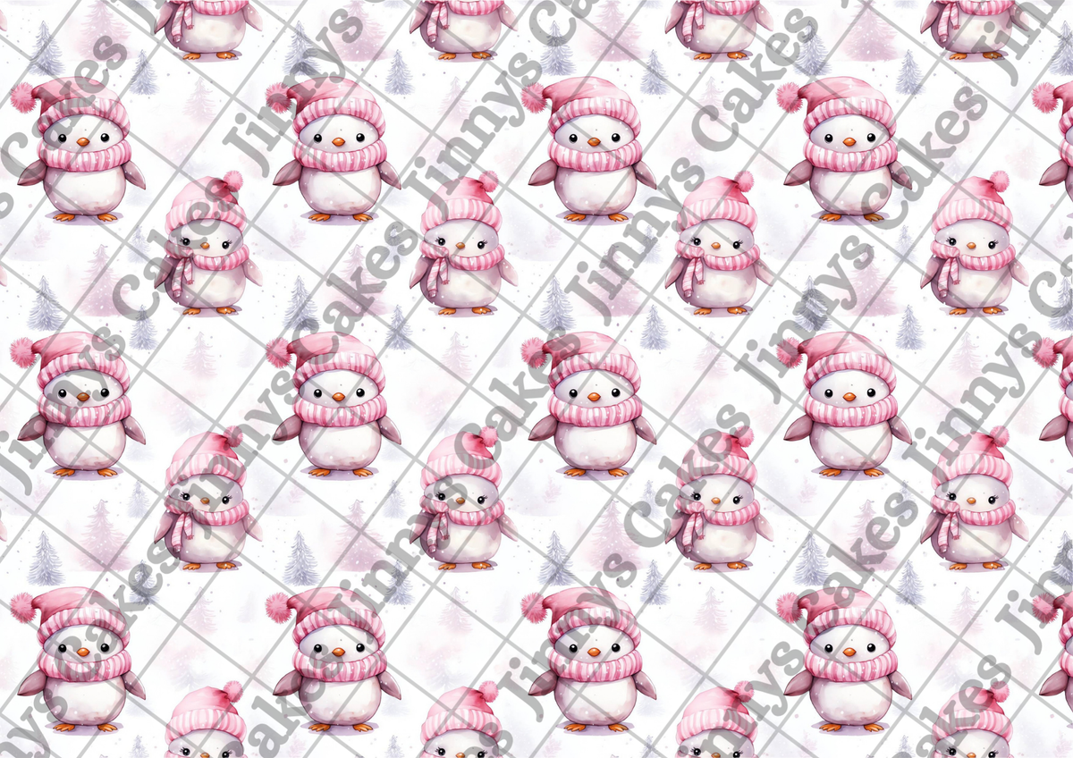 Cute Pink Christmas Penguins Downloadable Cake Wrap  (watermark removed on download)