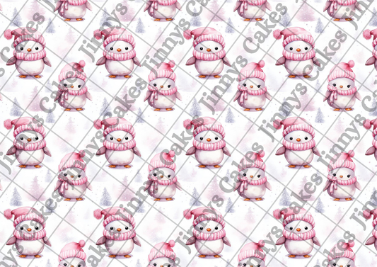 Cute Pink Christmas Penguins Downloadable Cake Wrap  (watermark removed on download)