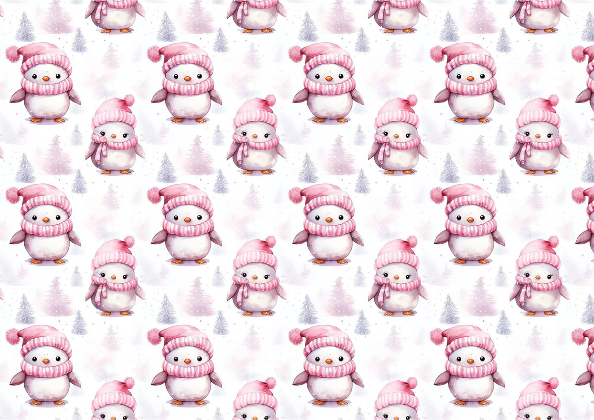 Cute Pink Christmas Penguins Downloadable Cake Wrap