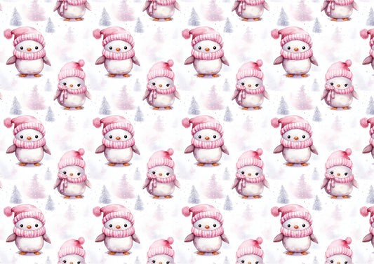 Cute Pink Christmas Penguins Downloadable Cake Wrap